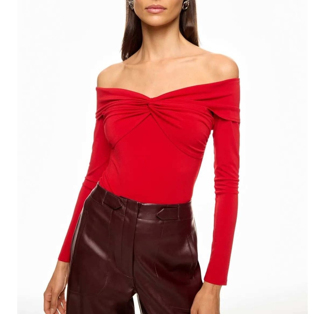 Prabal Gurung Red Jersey Top Off The Shoulder Twist Front Long Sleeve Sz M